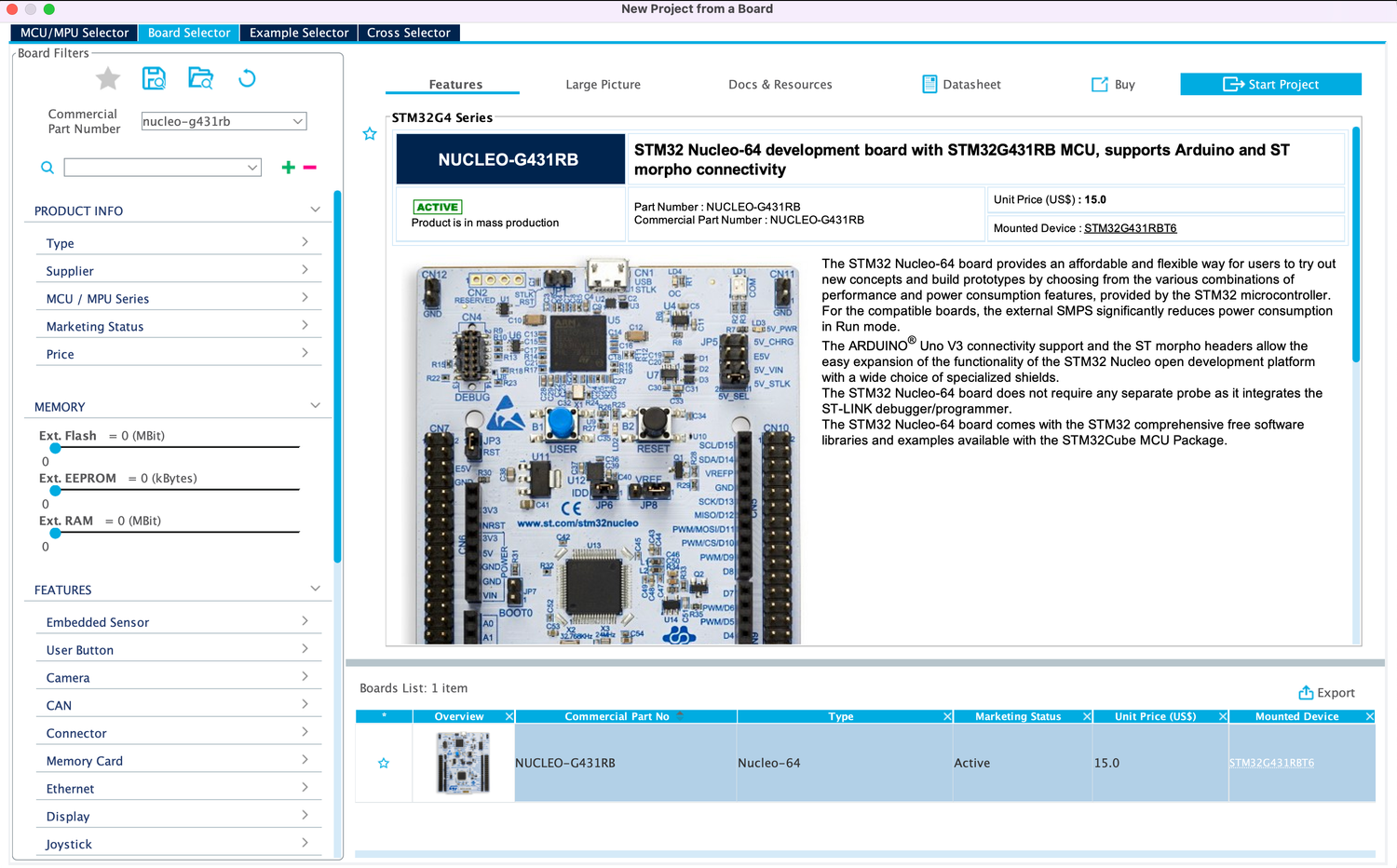 STM32CubeMX board selector window