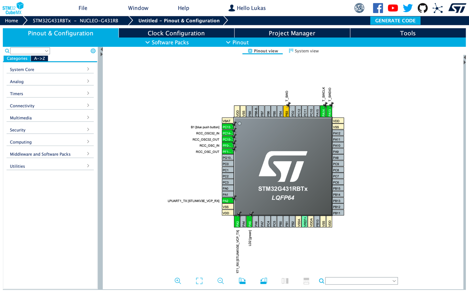 STM32CubeMX pin configuration window