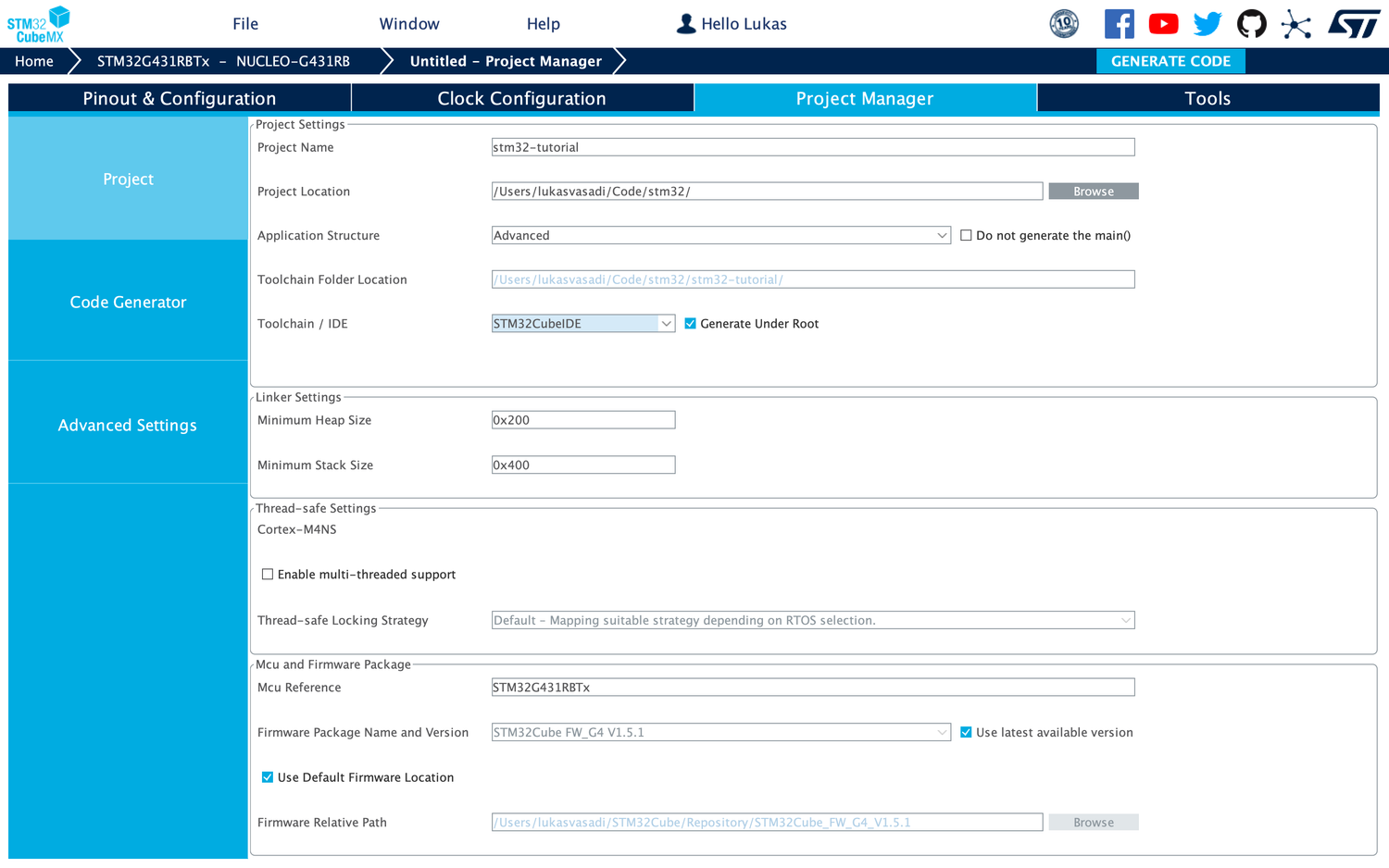 STM32CubeMX project manager window